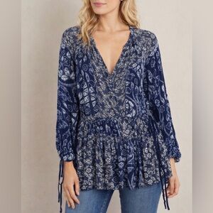 Free People Bohemian Tunic Blouse Navy Gray Side Tie Waist Long Sleeve Size S
